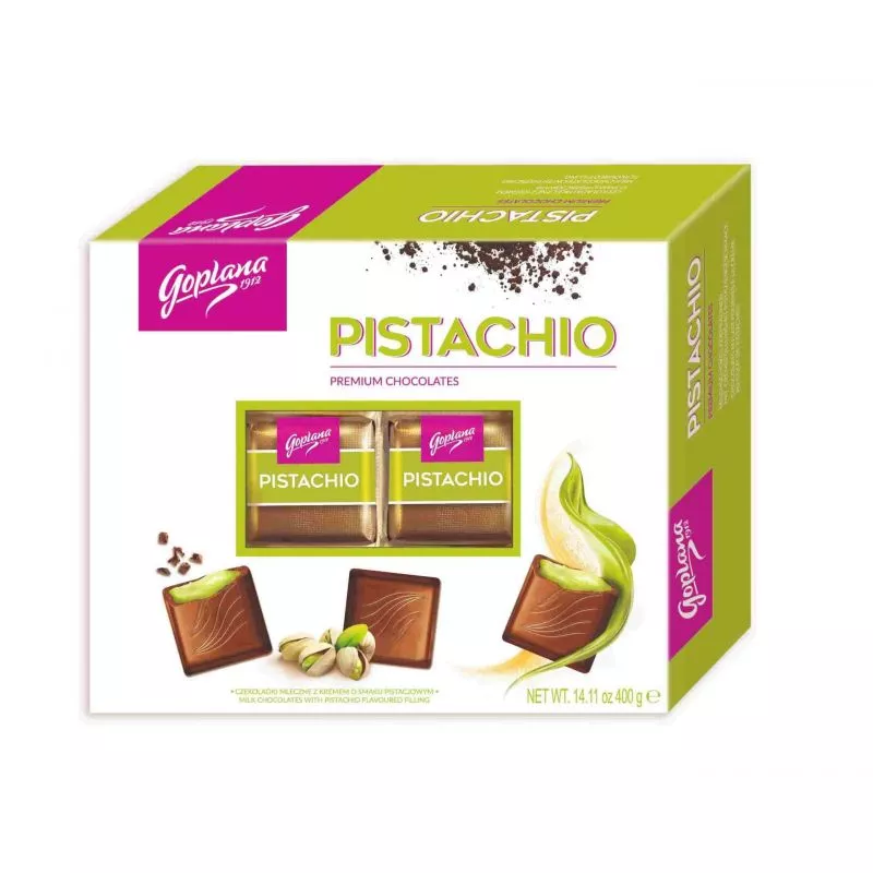 Czekoladki mleczne z kremem pistacjowym pistachio 400g GOPLANA