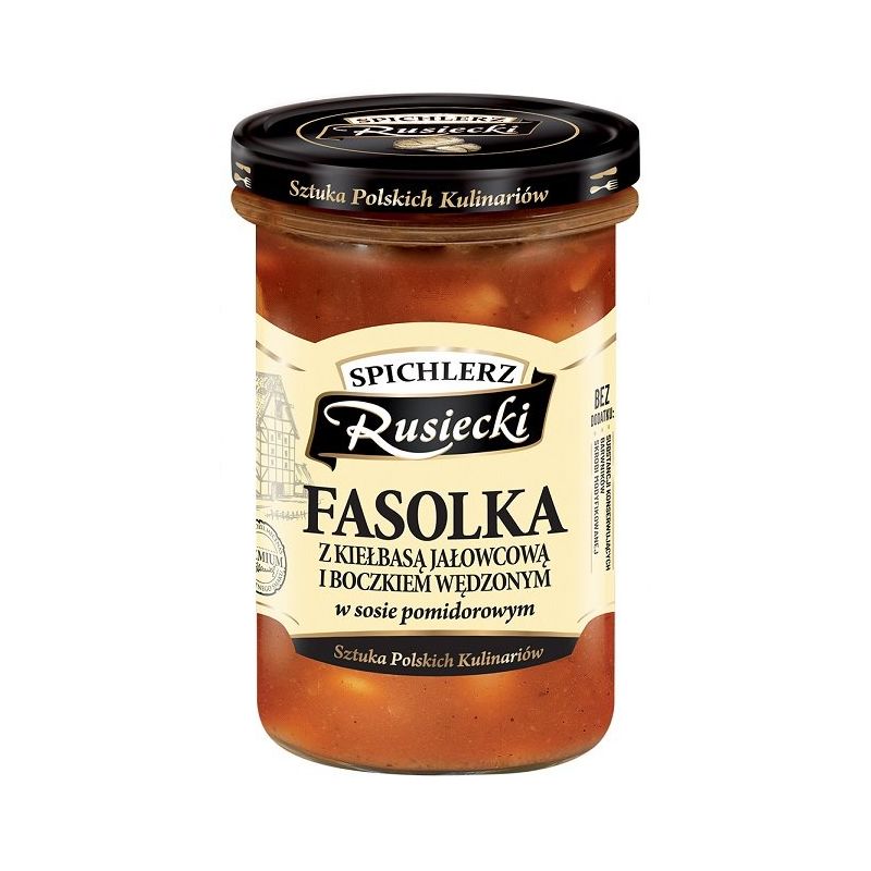 Fasolka z kielbasa jalowcowa i boczkiem wedzonym w sosie pomydorowym 470g RUSIECKI